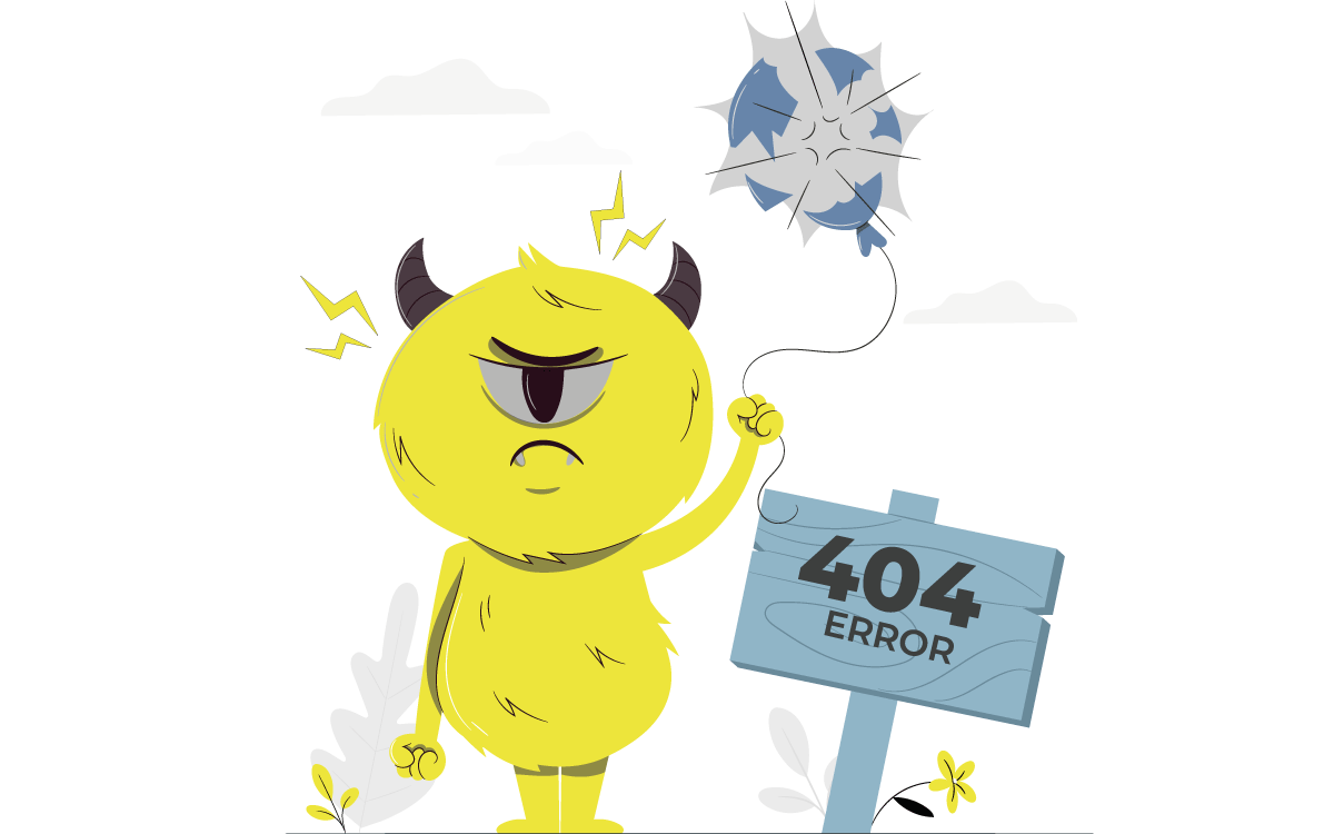 Gelbes Monster mit geplatztem blauen Ballon in der Hand, Schild mit 404 Error rechts daneben